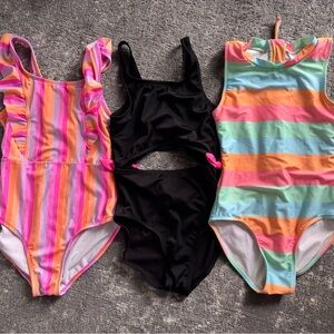 Cat & Jack Girls One-Piece Swimsuit Trio - Pink, Black, Mint & Orange Stripes